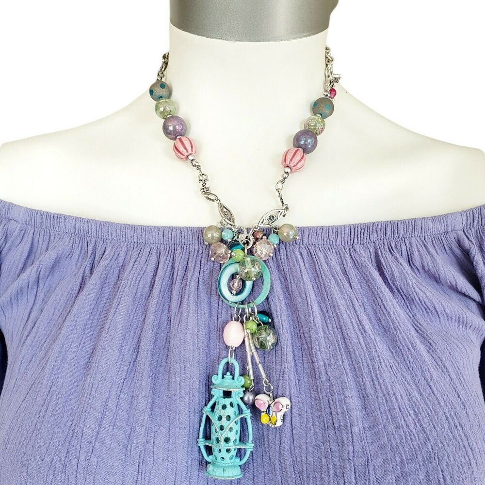 TRESKA beaded beads baubles lantern butterfly statement pendant necklace NEW